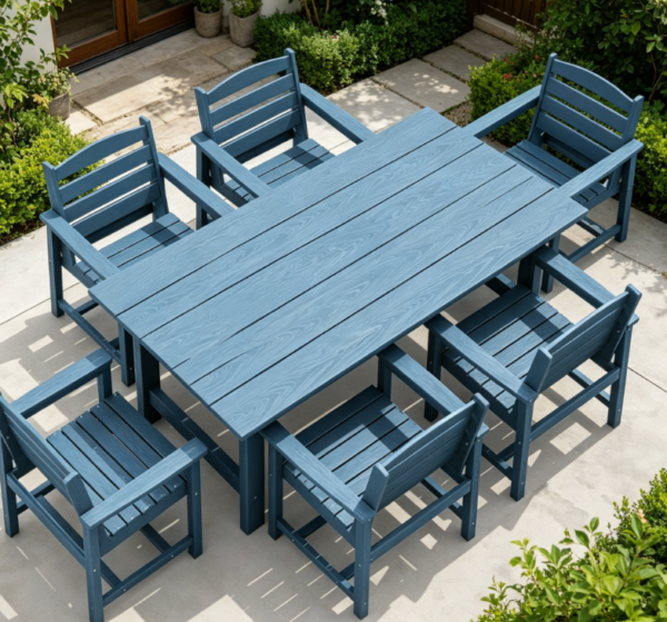 7 Piece Blue HDPE Outdoor Dining Table and Chair Set | Table with Umbrella Hole + 6 Chairs | Suitable for Patios and Outlets