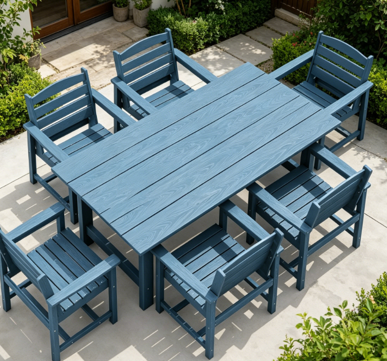 7 Piece Blue HDPE Outdoor Dining Table and Chair Set | Table with Umbrella Hole + 6 Chairs | Suitable for Patios and Outlets