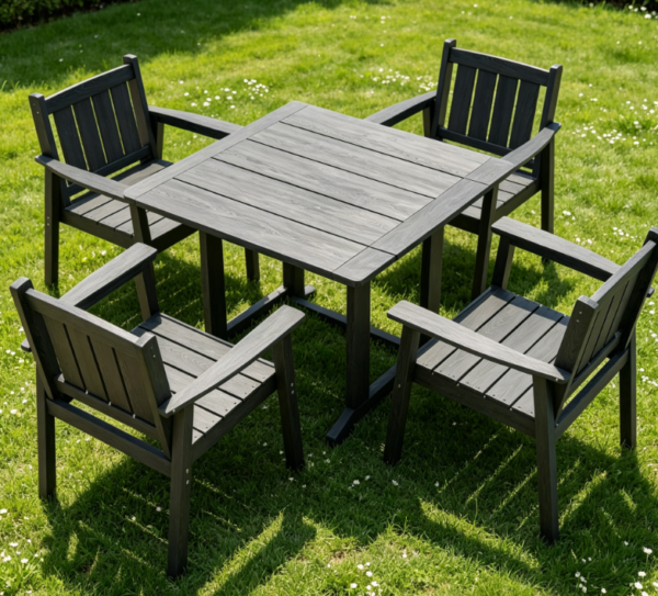 5 Piece Gray Wood Grain HDPE Outdoor Dining Table and Chair Set | With Armrests + Umbrella Hole | All Weather Patio Dining Set