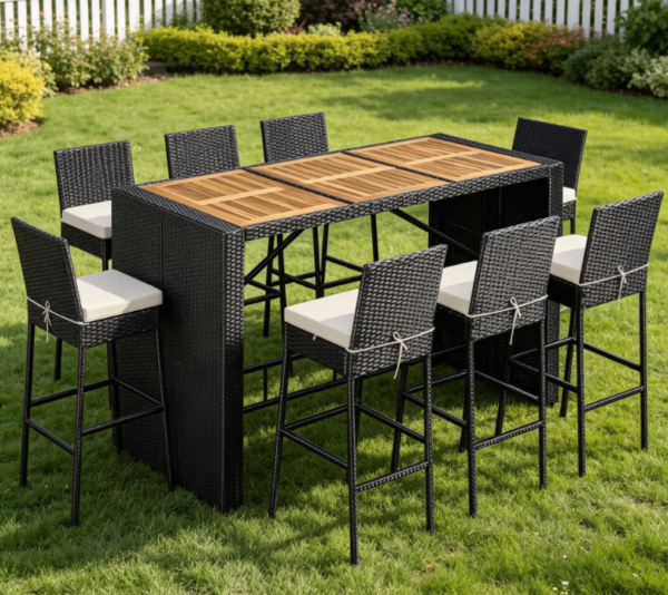 7 Piece Acacia Bar Table and Chair Set | Black/Beige | With Removable Cushions + Rattan | Suitable for Patios, Backyards, and Gardens