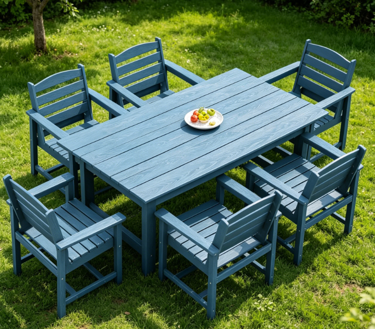 7 Piece Blue HDPE Outdoor Dining Table and Chair Set | Table with Umbrella Hole + 6 Chairs | Suitable for Patios and Outlets Image 2