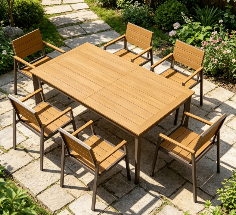 7 Piece Aluminum + HDPS Outdoor Dining Table and Chair Set | Gray + Teak | With Umbrella Hole | All Weather Patio Furniture