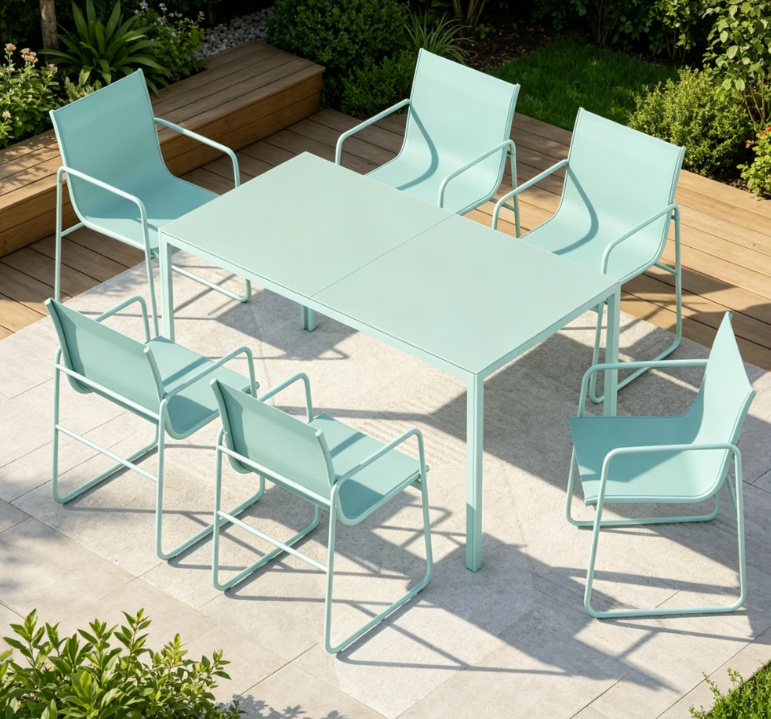 7 Piece Light Green Fiberglass Dining Table and Chair Set | 6 Person Set | Teslin Breathable Fabric Chairs | Suitable for Lawns, Backyards, and Poolsides